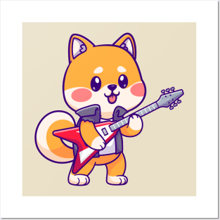 Cute Shiba Inu Playing Electric Guitar Cartoon Posters and Art